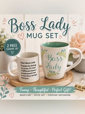 Funny Boss Lady Coffee Mug Set | Novelty Office Gift | 2 Ceramic Mugs